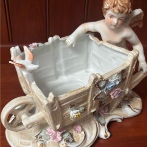 Cherub Pushing Wheelbarrow Indoor Planter • Vintage Hand Painted Porcelain.